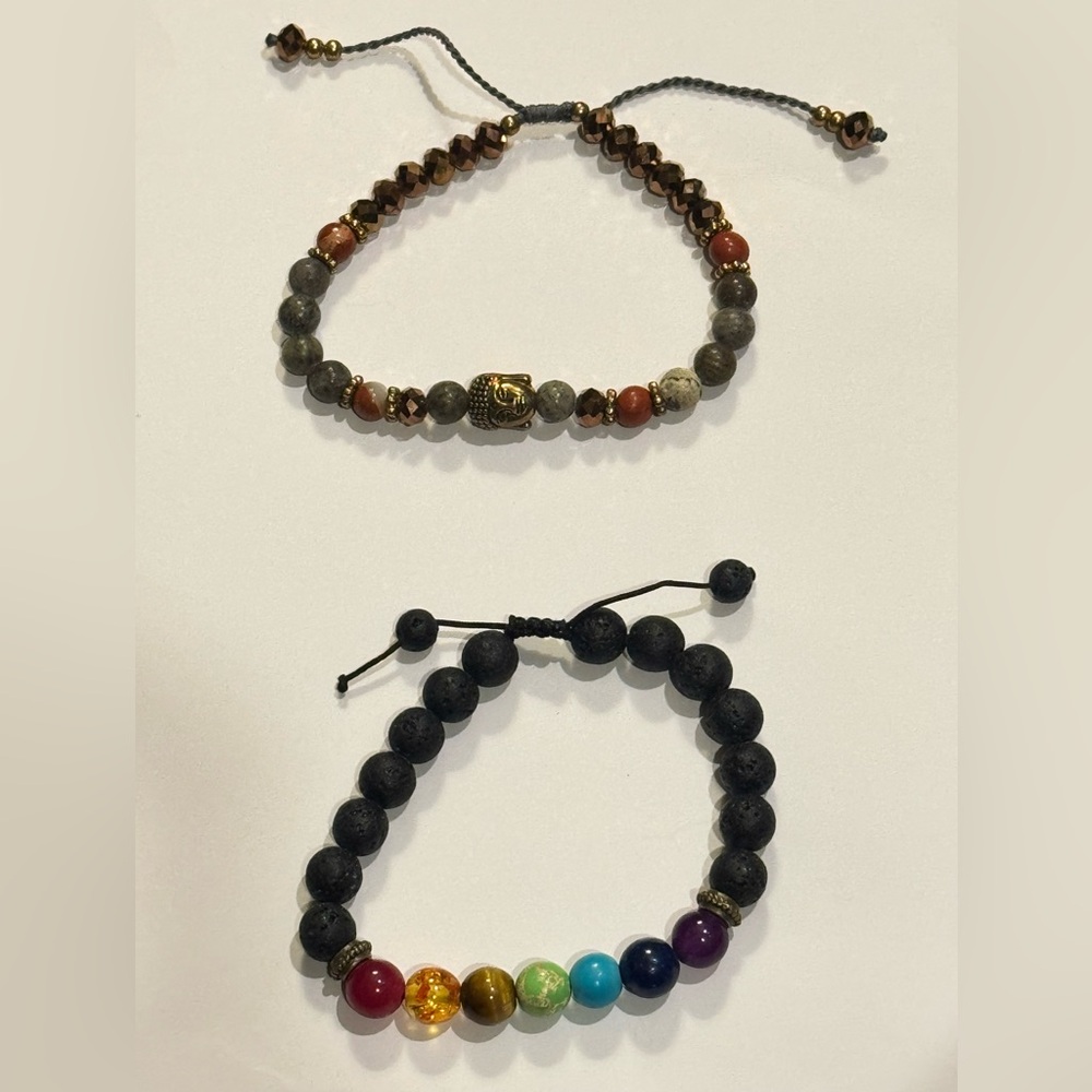 2 Bracelets- Black Lava Beads, Chakra Stones & Buddah, Stones
